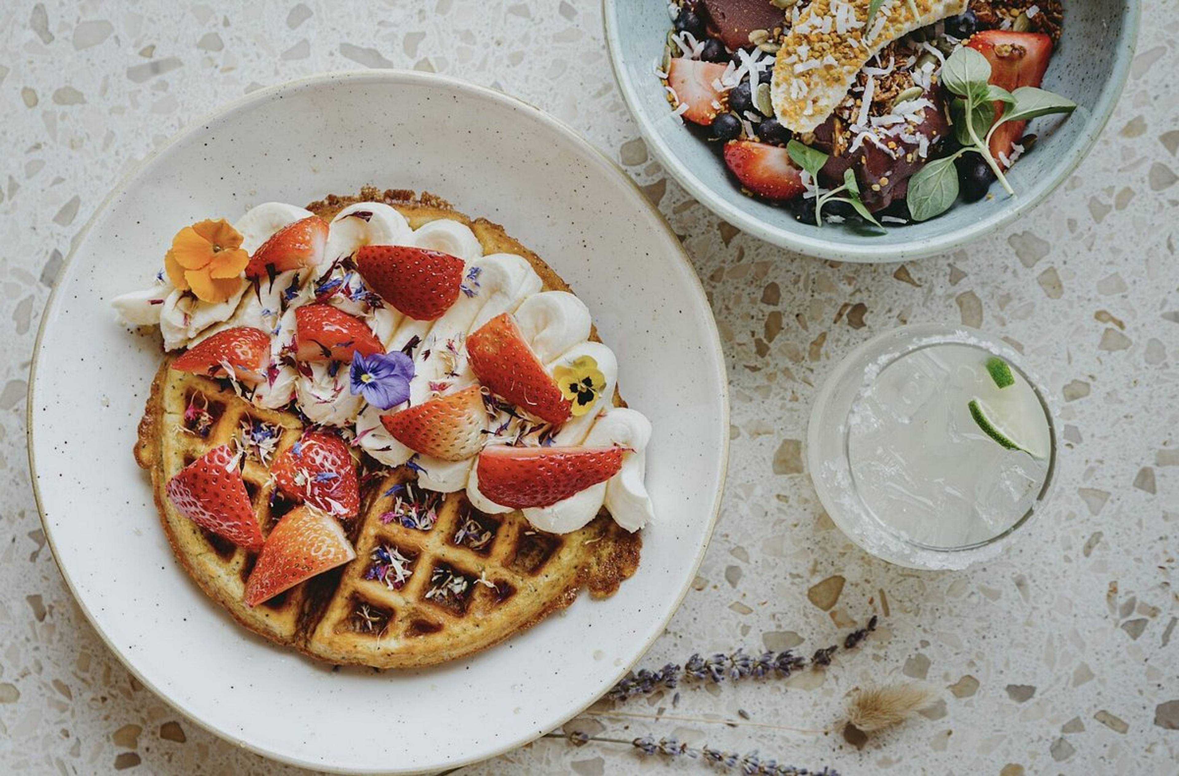 Waffle from Two Hands with Strawberries