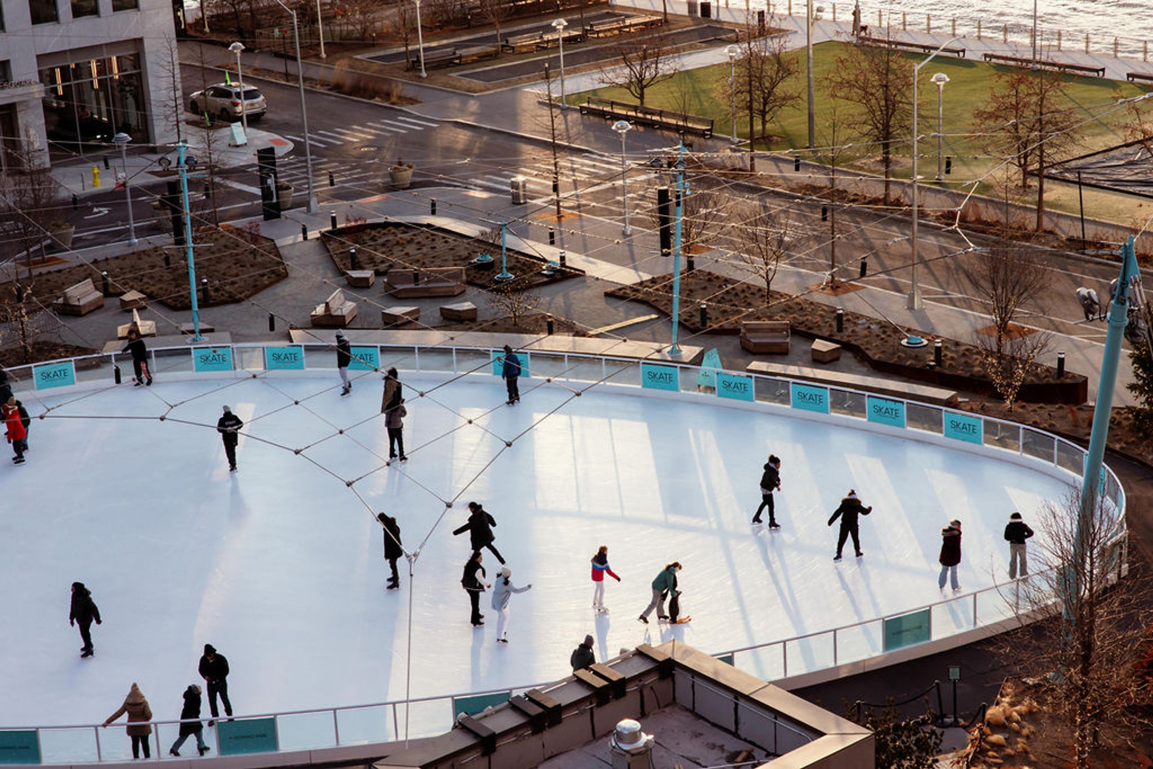 Overlooking the ice skating rink at Domino Park